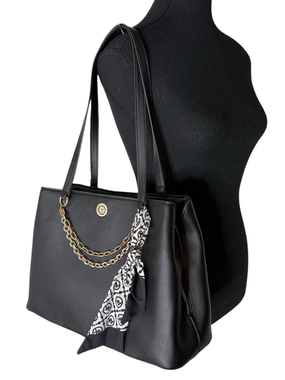 ANNE KLEIN Black Vegan Leather Shoulder Bag Structured Chain Scarf Zipper Snaps